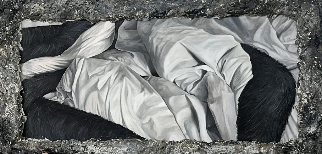 Turtle or Rock · I hide tulips within my neck · acrylic on fabric cement · 59x20 · 2023
