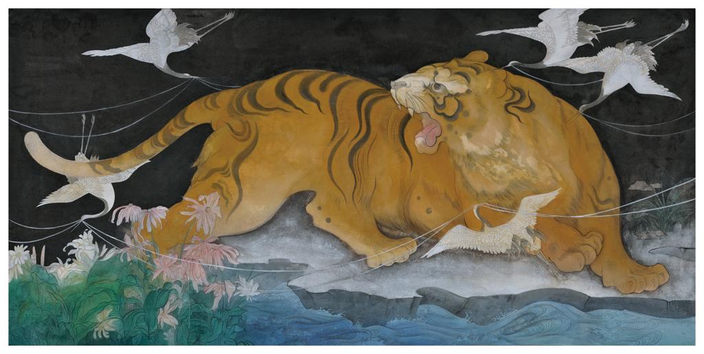Tales and Legends · Tiger (《故事和传说 · 虎》) · Fine Brushwork and Heavy Color(工笔重彩) · 66x136cm · 2019