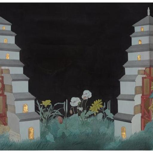Tales and Legends · Twin Towers (《故事和传说 · 双塔》) · Rich Color Silk Painting(绢本重彩) · 55x129cm · 2020