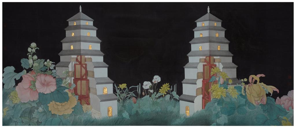 Tales and Legends · Twin Towers (《故事和传说 · 双塔》) · Rich Color Silk Painting(绢本重彩) · 55x129cm · 2020